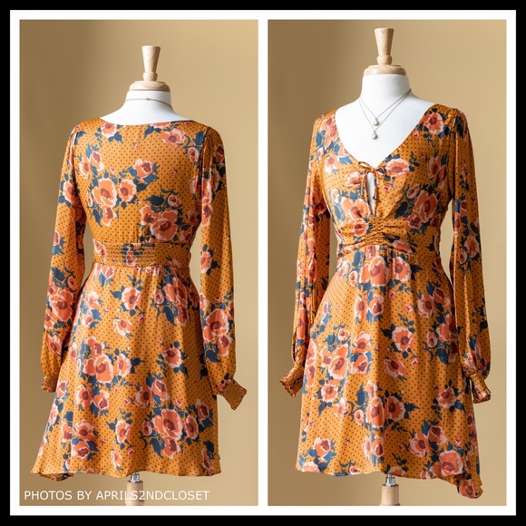 FREE PEOPLE BOHO V-NECK LONG SLEEVES DRESS A2C - Picture 2 of 8